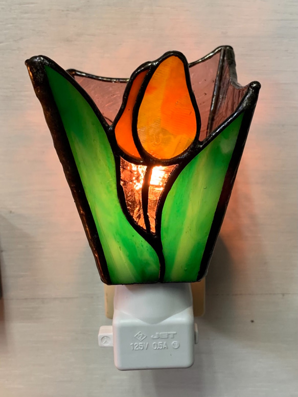 おやすみランプ・チューリップ・オレンジ色」ステンドグラス・照明