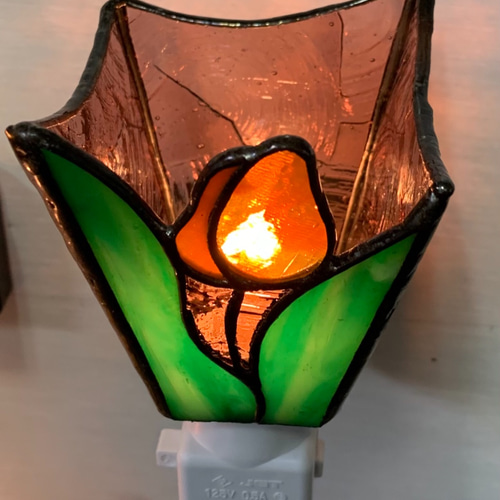 おやすみランプ・チューリップ・オレンジ色」ステンドグラス・照明