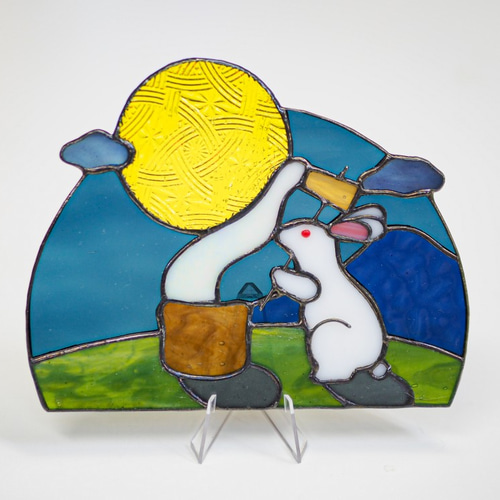 ミニパネル「餅つきうさぎ」ステンドグラス その他インテリア