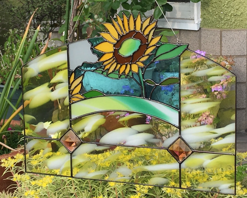 向日葵のステンドグラスパネル 」ガラス サンキャッチャー ステンド