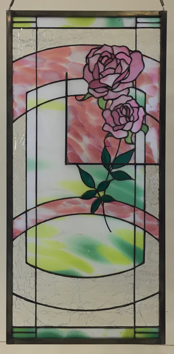 「大きいバラ、小さいバラのステンドグラスパネル」アンティークガラス 2枚目の画像
