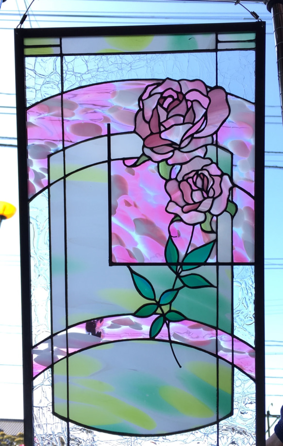 「大きいバラ、小さいバラのステンドグラスパネル」アンティークガラス 3枚目の画像