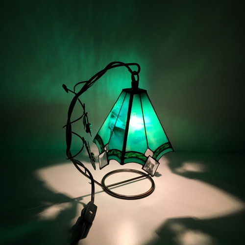 グレープスタンド・ステンドグラスランプ（大）・べベル・青緑色