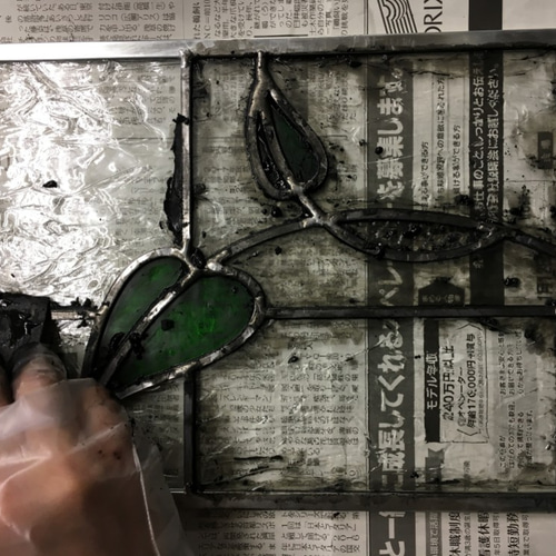 葉っぱのステンドグラスパネル no.2」ステンドパネル・ケイム組み