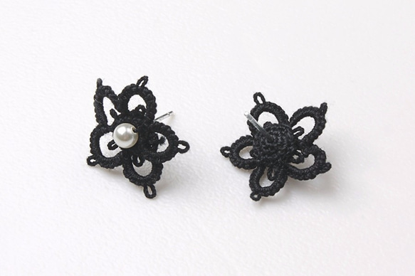 玉蘭花鉤織耳環 (黑色), 梭織, 鏤空蕾絲, 勾花 第2張的照片