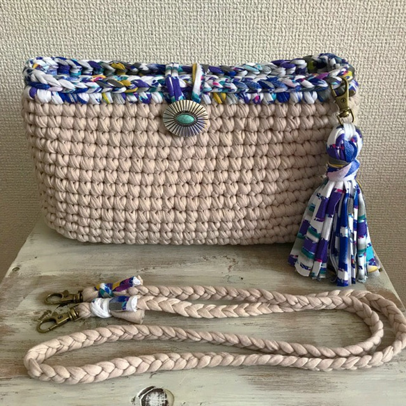 Tシャツヤーン/ズパゲッティ/ショルダー/2way/バッグ/底板/タッセル  