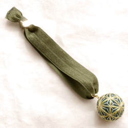 新作★メッセージ付き小毬リボンゴム〜グリーン麻柄〜 2枚目の画像