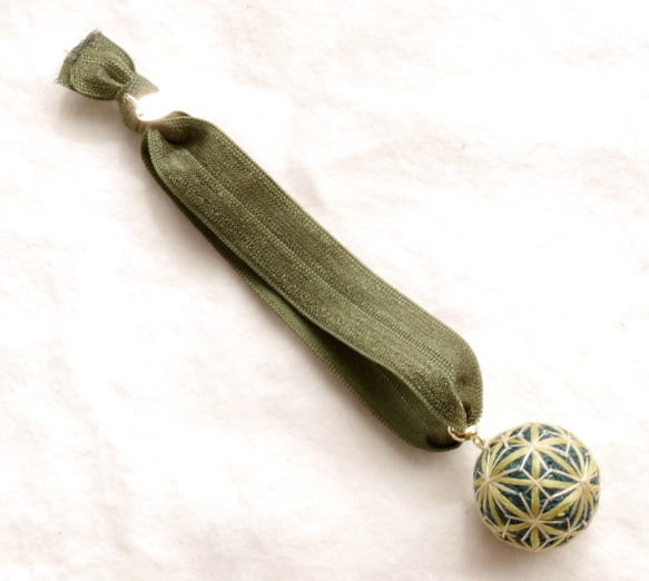 新作★メッセージ付き小毬リボンゴム〜グリーン麻柄〜 2枚目の画像