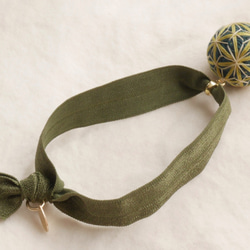 新作★メッセージ付き小毬リボンゴム〜グリーン麻柄〜 3枚目の画像