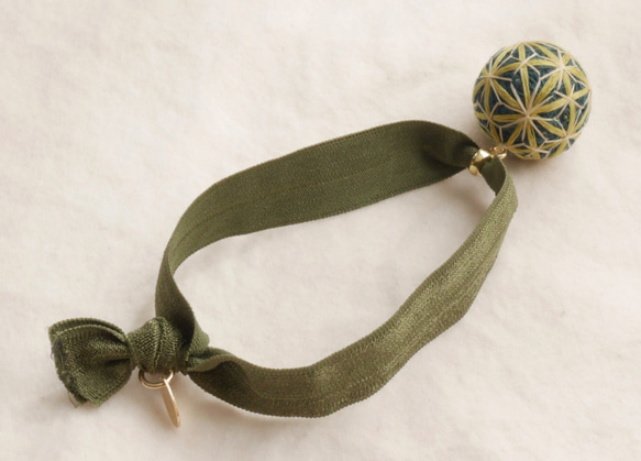 新作★メッセージ付き小毬リボンゴム〜グリーン麻柄〜 3枚目の画像