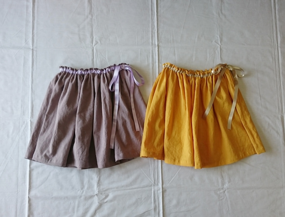 春のスカート・リボン付きコットンリネンのギャザースカート(ポケット付き) 100〜140サイズ 2枚目の画像