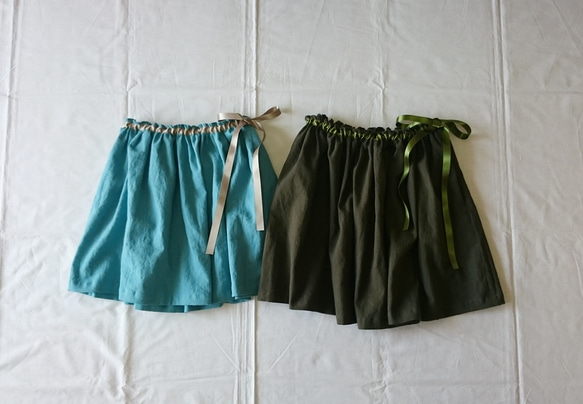 春のスカート・リボン付きコットンリネンのギャザースカート(ポケット付き) 100〜140サイズ 3枚目の画像