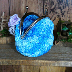 花盛り　がま口　08　ブルー　～　ポーチ　編み物　タティングレース　がまぐち 4枚目の画像