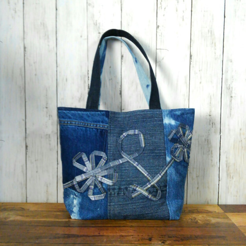 パクチー様専用】刺繍デニムバック No.614 デニムリメイク