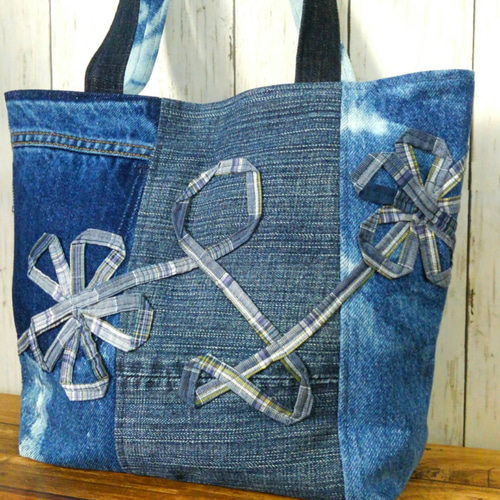 パクチー様専用】刺繍デニムバック No.614 デニムリメイク
