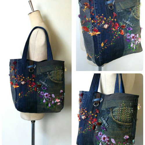 大きめ 花刺繍 デニムバック ～ リメイクバック パッチワーク