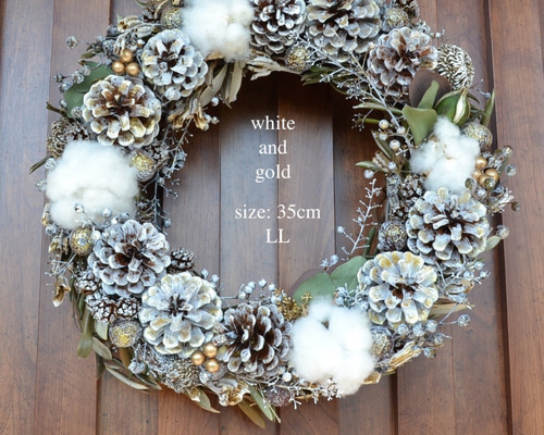 sold]35cm豪華特大LLサイズ オリーブの 粉雪クリスマスリース/ホワイト  