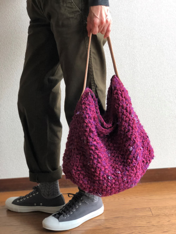 【ラスト１点再販無】裂き編みBag   マゼンダピンク 5枚目の画像