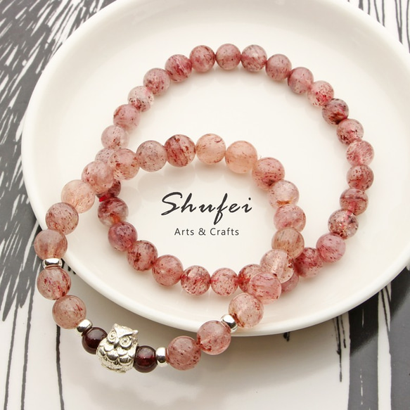 [ Shufei Arts & Crafts ] 天然寶石系列   草莓晶/紅榴石 貓頭鷹925純銀手鍊 第4張的照片