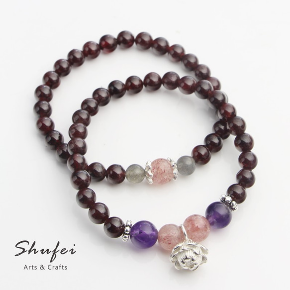 [ Shufei Arts & Crafts ]天然寶石系列  紅石榴石/草莓晶/月光石/ 花漾925純銀手鍊 第7張的照片