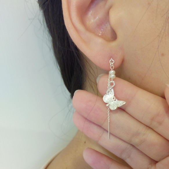 珍珠蝴蝶 925純銀耳環  一對♥ 情人節送禮首選 ♥ [ Shufei Arts & Crafts ] 第4張的照片