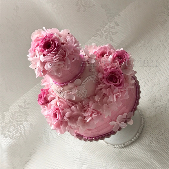 ♡ウェディングケーキウェルカムオブジェ〜Pink Lace♡リングピローにも♡スワロフスキー付き♡ 2枚目の画像