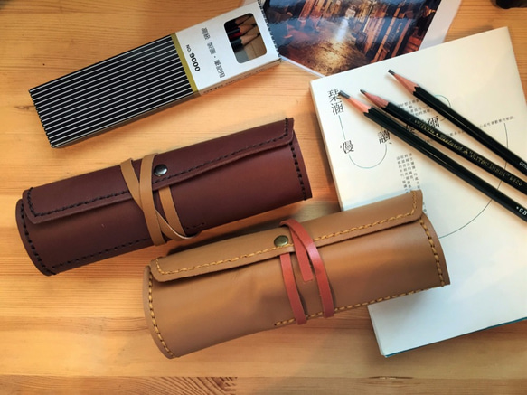 キノコ詩人革手作り─レトロな革ペンケース：2 Gridインストール。 （ペンロール、ブラシバッグ、鉛筆バッグ、ペンバッグ、ツール 2枚目の画像