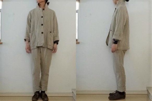 【受注制作】麻ベージュ/極厚リネン　 丸襟カバーオール 3枚目の画像