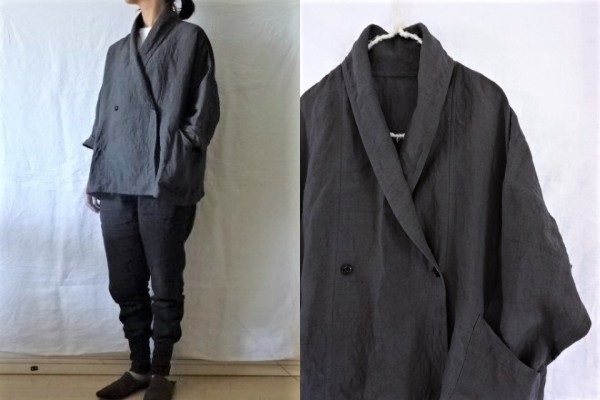【受注制作】濃チャコールグレー/薄手天日干し60リネン　ローブシャツ(ハーフ)