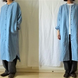 【受注制作】スチールブルー/綾織り40リネン　ロングシャツカーデ 2枚目の画像