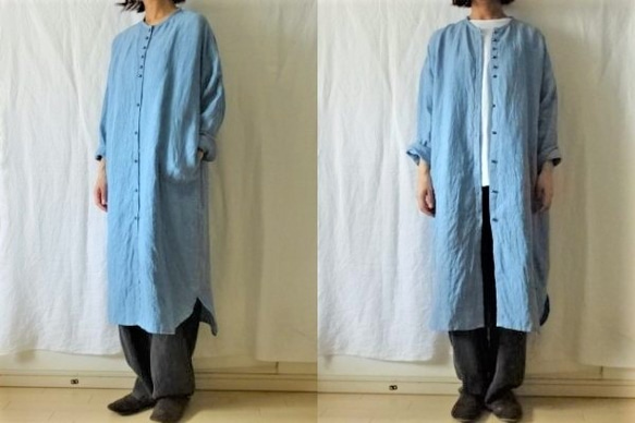 【受注制作】スチールブルー/綾織り40リネン　ロングシャツカーデ 2枚目の画像