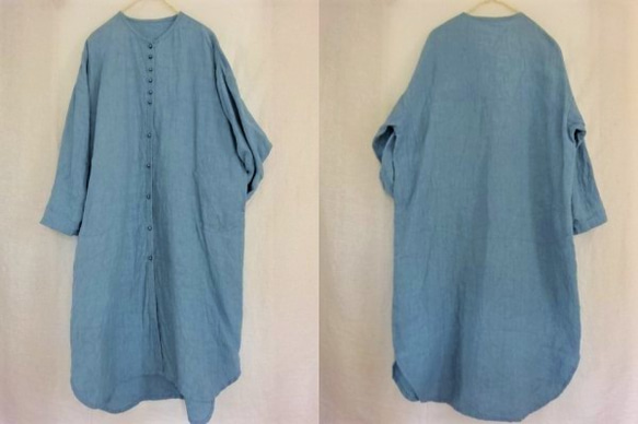 【受注制作】スチールブルー/綾織り40リネン　ロングシャツカーデ 6枚目の画像