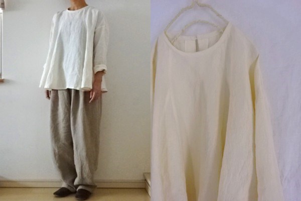 【受注制作】オフ白　天日干し40リネン　切替フレアープル