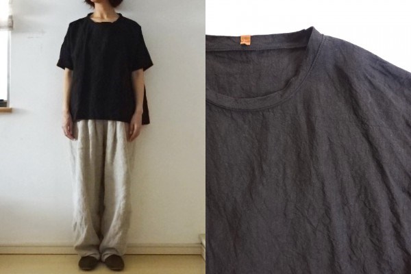 【受注制作】黒天日干し40リネン　ゆるり半袖プル