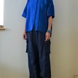【受注制作】ブルーリネン　開襟半袖シャツ 4枚目の画像