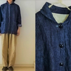 古着　リネン混　カバーオール　インディゴカラー　ネイビー　M ブルゾン. 受注制作】濃ブルー/インディゴリネンデニム 丸襟カバーオール