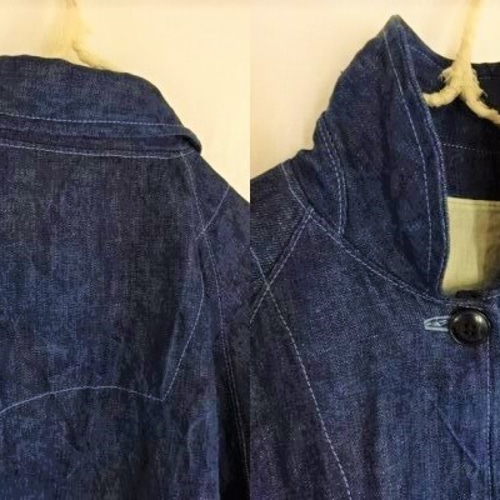 古着　リネン混　カバーオール　インディゴカラー　ネイビー　M ブルゾン. 受注制作】濃ブルー/インディゴリネンデニム 丸襟カバーオール