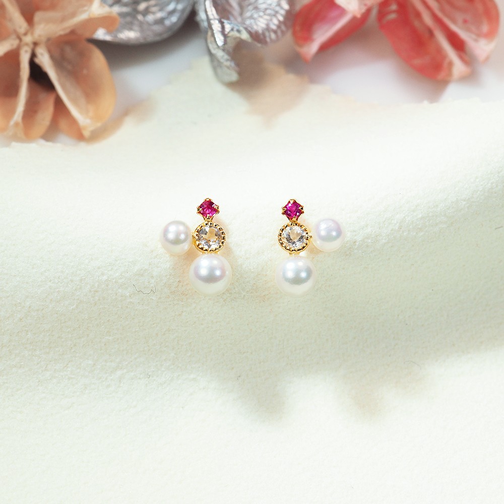 || Flower Thinking ||ルビートパーズ海水パール18Kゴールドピアス