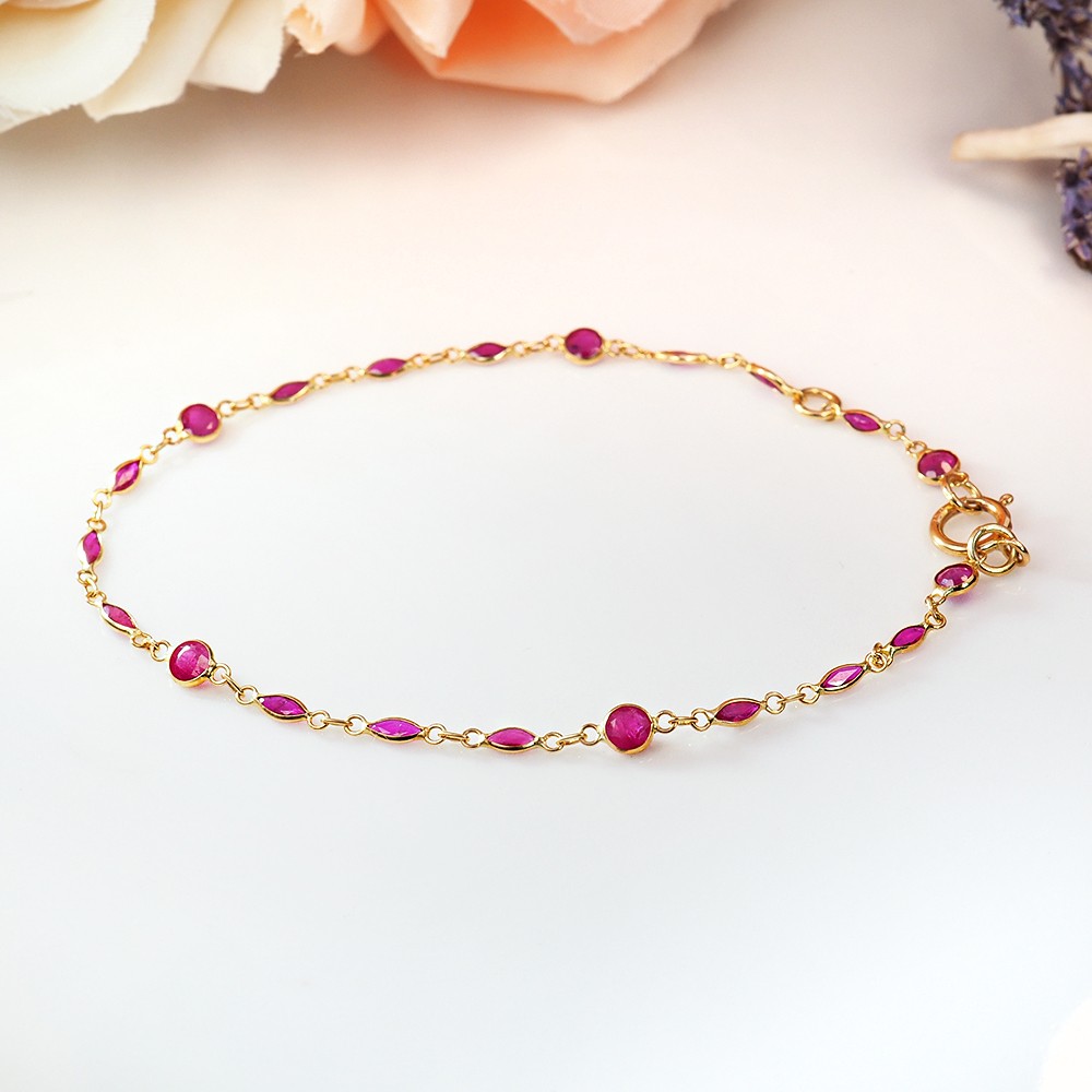 ||ラウンドルビーを使ったオリーブカット||ポジティブ18KイエローゴールドKカラーの非常に細かく繊細なブレスレット