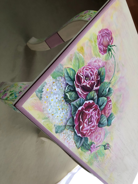 ネコ足 スツール サイドテーブル ジャビー 薔薇  手描き 家具 生成り 5枚目の画像