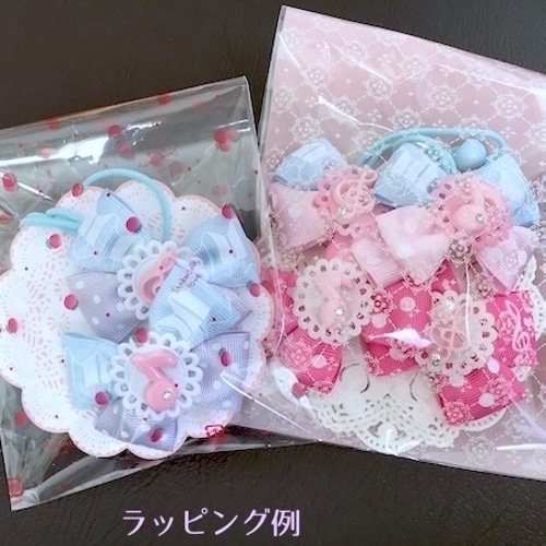 二個☆ピンク無地×水色地桜格子☆和風ツインりぼんヘアーゴム☆ 