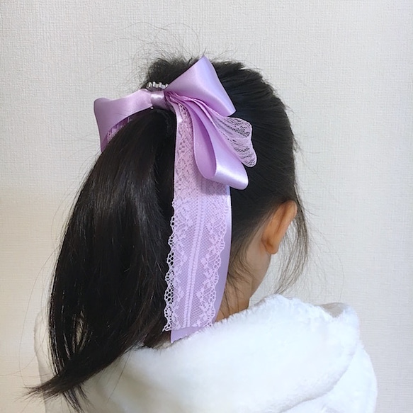 たらりんリボンのヘアゴム 丸ビジュー付き ラベンダー×ピンクレース 4枚目の画像