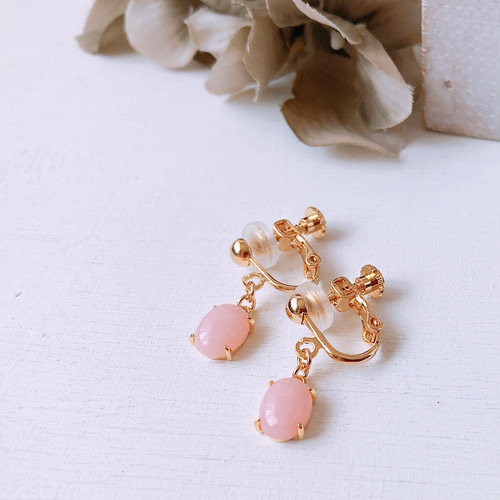 天然石ピンクオパール18kgpイヤリング/ピアス 10月誕生石 8×6mm