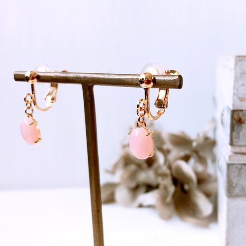 天然石ピンクオパール18kgpイヤリング/ピアス 10月誕生石 8×6mm