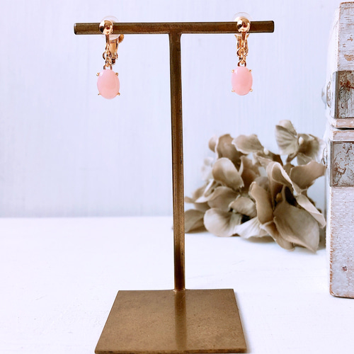 天然石ピンクオパール18kgpイヤリング/ピアス 10月誕生石 8×6mm