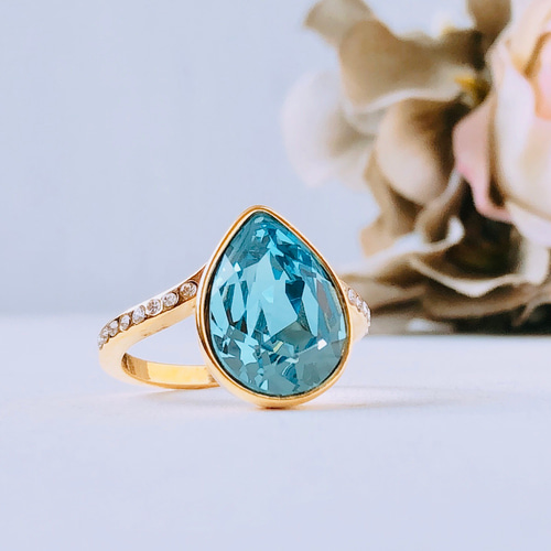 雫スワロリング アクアマリン×ゴールド】約13/15号 指輪・リング
