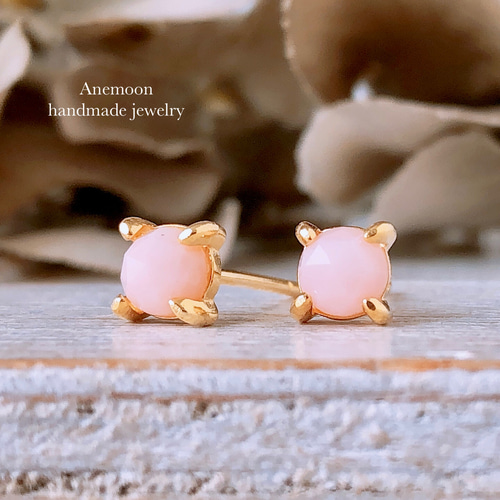 桜色のきらめき・:*天然石ピンクオパール4mm ローズカットピアス】10月