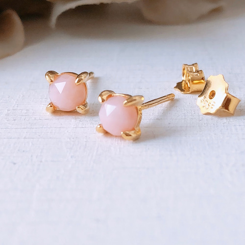 天然石ピンクオパール18kgpピアス 4mmローズカット 10月誕生石