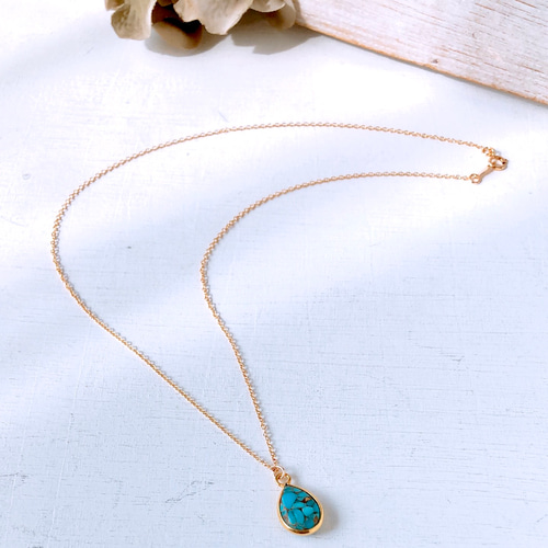 ブルーコッパーターコイズAAA 14kgf製ネックレス 約40cm 枠留め雫型 約