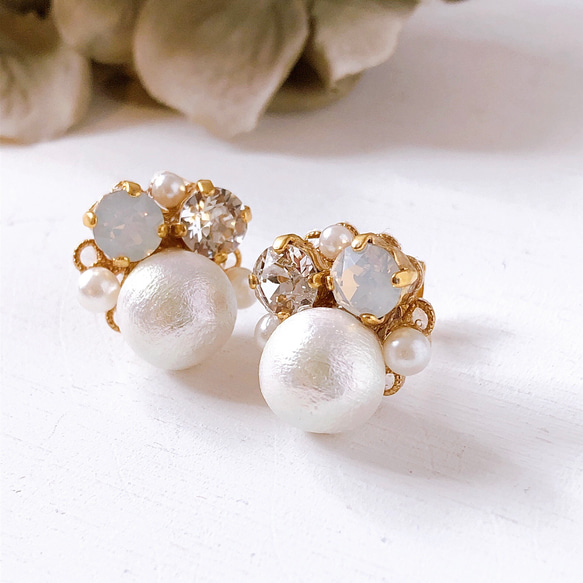 棉質珍珠首飾耳環/穿孔耳環，白色，直徑約 17 毫米 第2張的照片